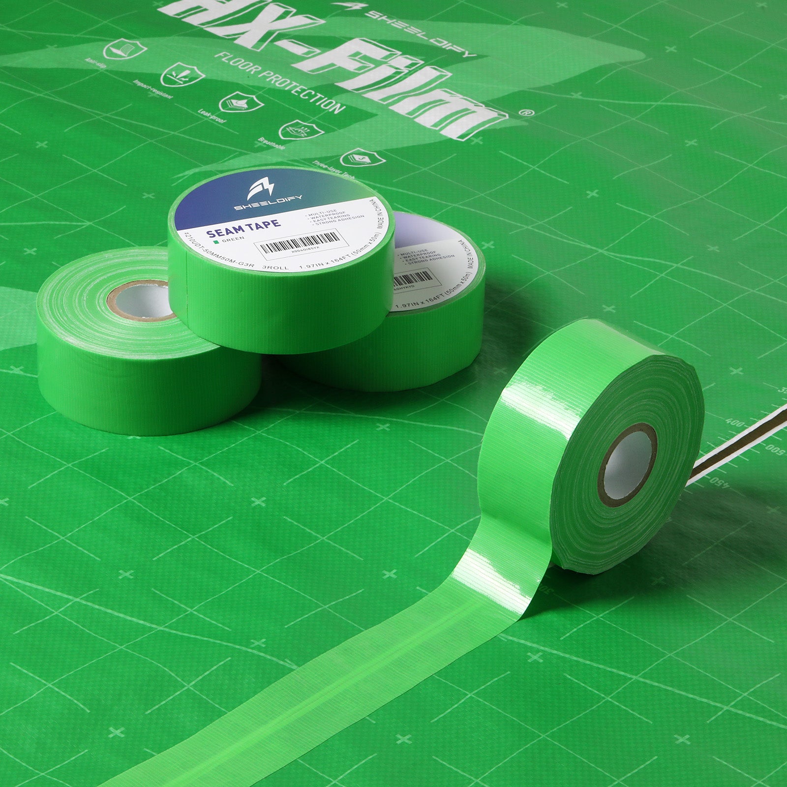 Sheeldify 1.97" x 164‘ Seam Tape - Duct Tape Edge Tape Heavy Duty Multi-Purpose, Hand-Tearable, No Residue, Green, 1 Roll
