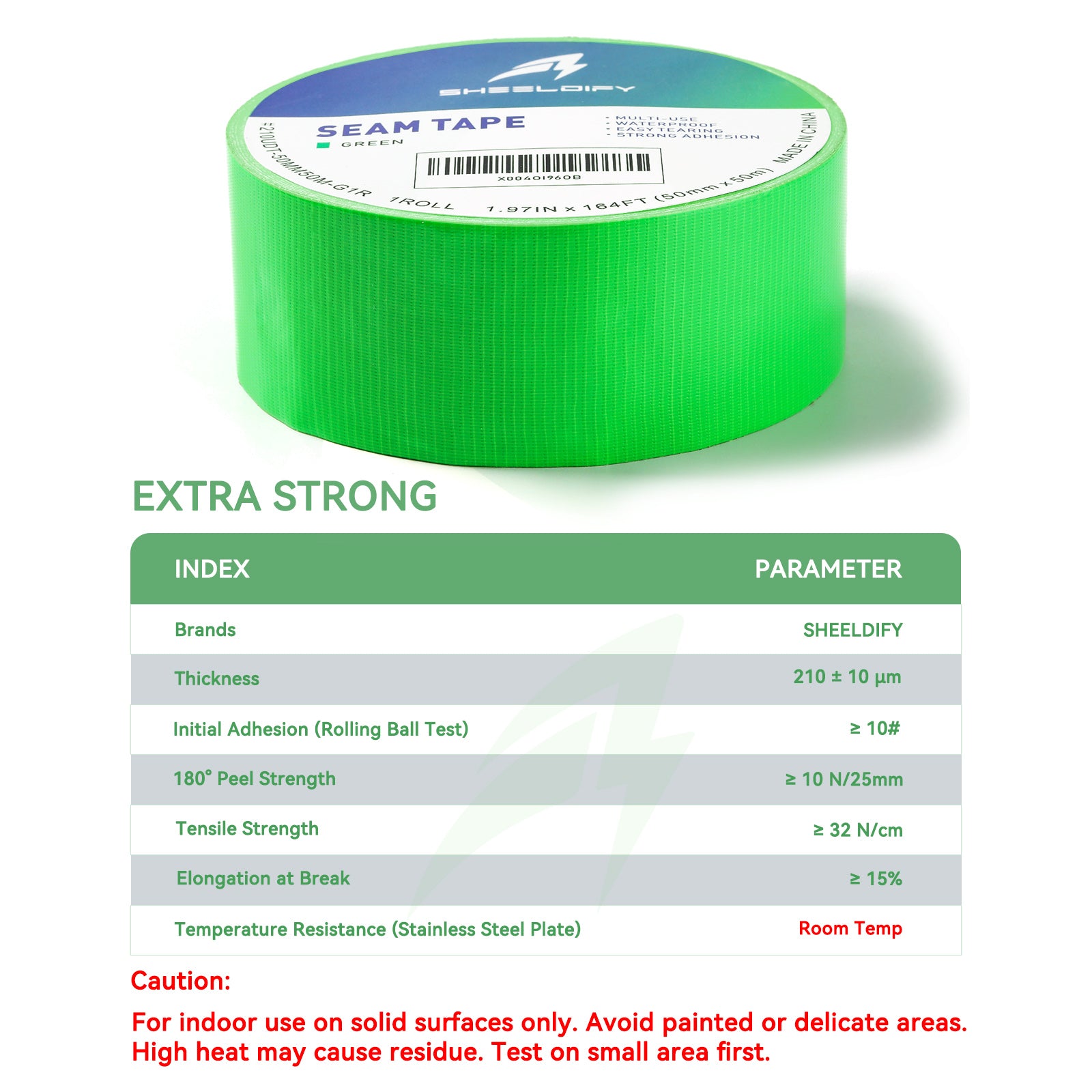 Sheeldify 1.97" x 164‘ Seam Tape - Duct Tape Edge Tape Heavy Duty Multi-Purpose, Hand-Tearable, No Residue, Green, 1 Roll