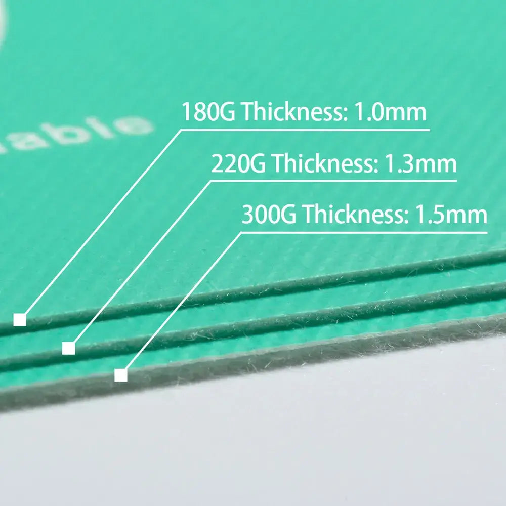 SPRITESHIELD Floor Protection Thickness Comparison: 180G Thickness 1.0mm, 220G Thickness 1.3mm, 300G Thickness 1.5mm